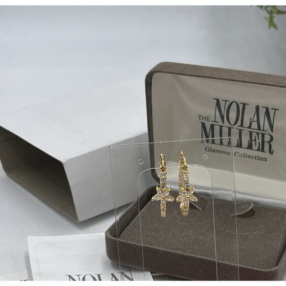 NOLAN MILLER Signed Flower Crystal Clear Bling CZ Gold tone Hoop Earrings New - Picture 12 of 12